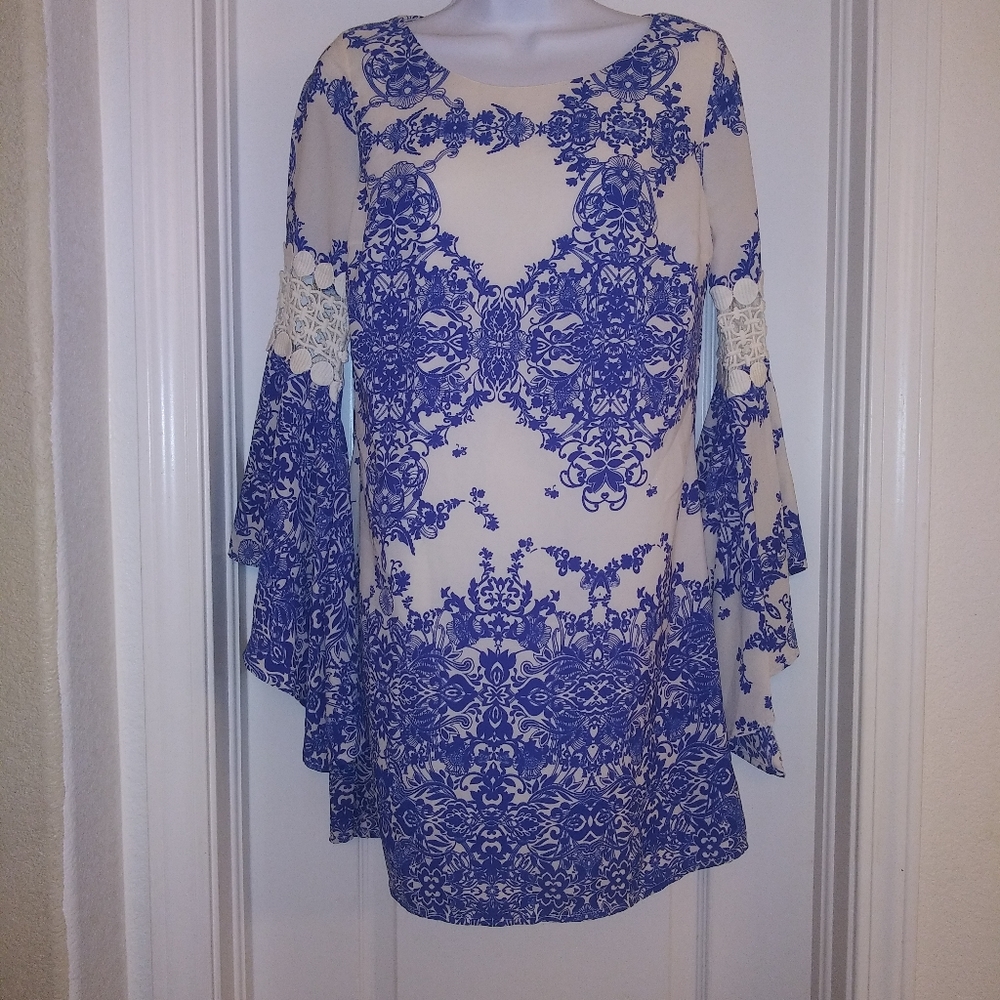 Aggie Floral Blue And Ivory Bell Sleeve Dress